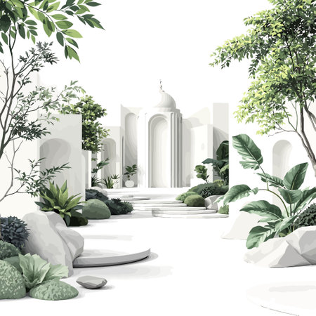 Vector illustration of a green garden with trees, grass, rocks, bushes, stones and a mosque on a white backgroundのイラスト素材