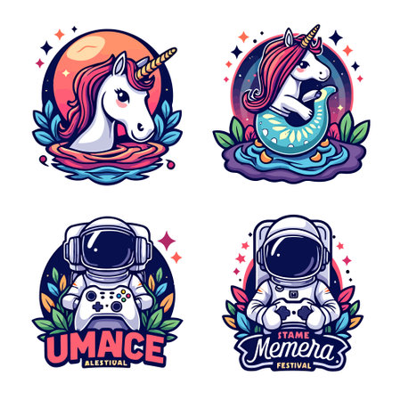 Set of cute cartoon unicorn, astronaut, space ship, astronaut. Vector illustration.のイラスト素材