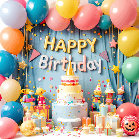 Happy Birthday Card with Cake, Balloons, Gift Boxes and Party Decoration on Blue Background. Vector Illustrationのイラスト素材