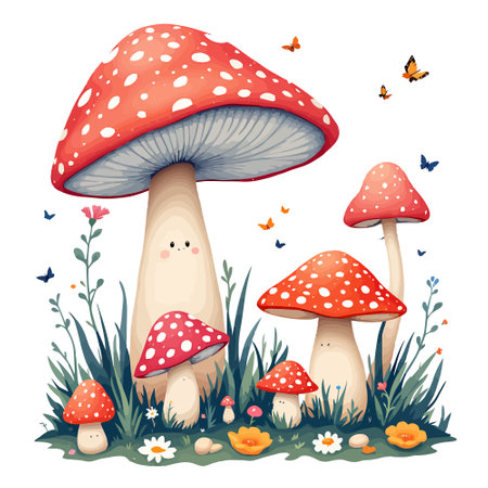 Cartoon fly agaric mushrooms in the grass. Vector illustrationのイラスト素材