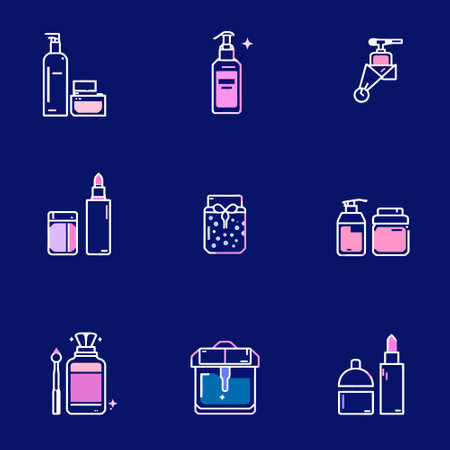 Cosmetics and makeup icons set, outline vector symbols on blue backgroundのイラスト素材