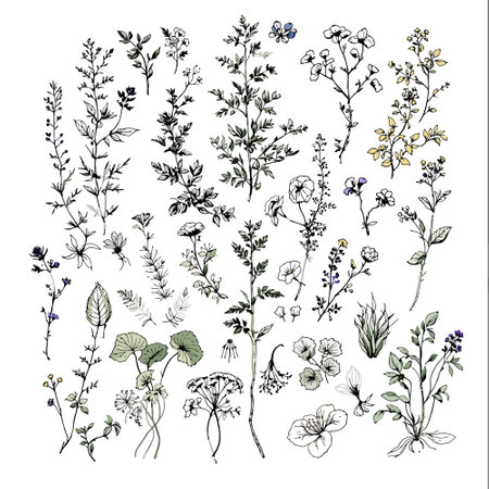 Hand drawn meadow herbs and flowers set. Botanical illustration.のイラスト素材