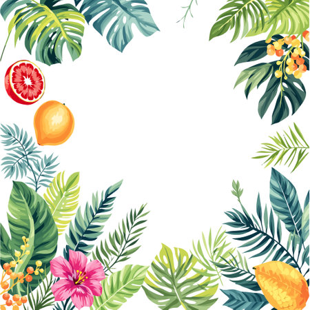 Tropical leaves, flowers and fruits frame. Vector illustration.のイラスト素材