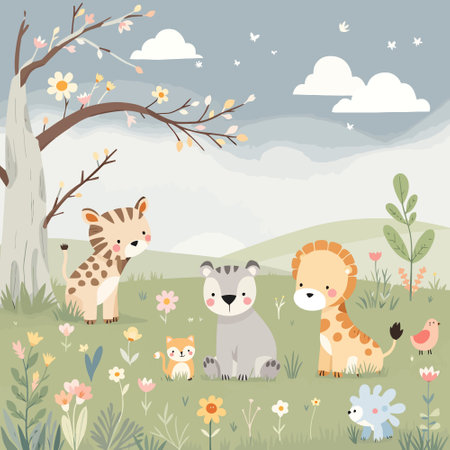Cute cartoon animals on the meadow background. Vector illustration.のイラスト素材
