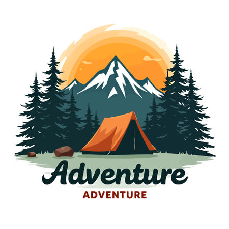 Camping adventure banner with tent and forest. Vector illustration. Eps10のイラスト素材