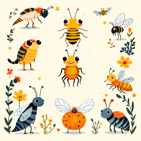 Set of cute cartoon bees and flowers. Vector illustration in flat style.のイラスト素材