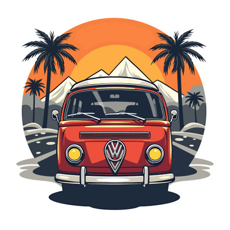 Retro car on the road at sunset. Vector illustration in retro style.のイラスト素材