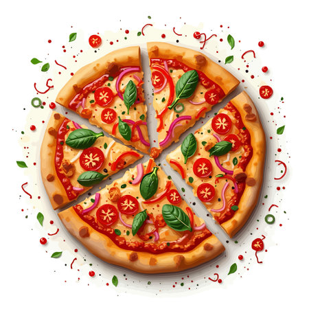 Pizza with mozzarella cheese, tomato and basil. Vector illustrationのイラスト素材