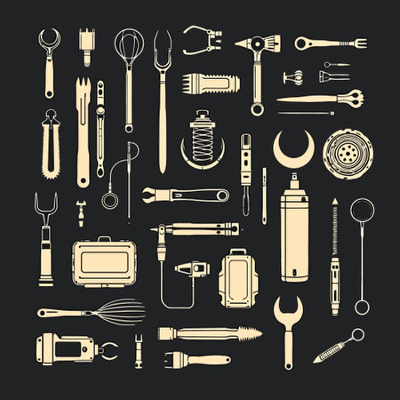 Vector set of hand tools on black background. Black and white illustration.のイラスト素材
