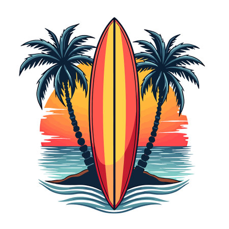 Surfboard and palm trees on the beach. Vector illustration.のイラスト素材