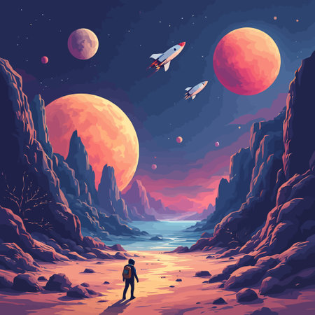 Cartoon space scene with astronaut, rocket and moon. Vector illustrationのイラスト素材