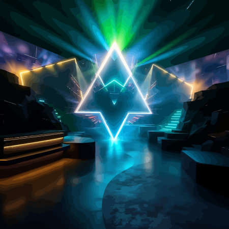 Futuristic dark corridor with neon lights, vector abstract background.のイラスト素材
