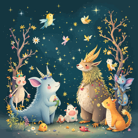 Cute cartoon animals in the forest. Vector illustration on dark blue background.のイラスト素材