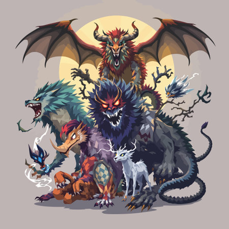 Vector illustration of a set of fantasy monsters. Vector illustration of a set of mythical creatures.のイラスト素材