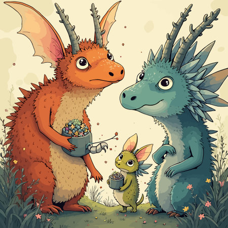Illustration of a Cute Cartoon Dinosaur Couple with a Bunnyのイラスト素材