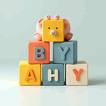baby toy cubes with letters and bear, 3d illustration, vectorのイラスト素材