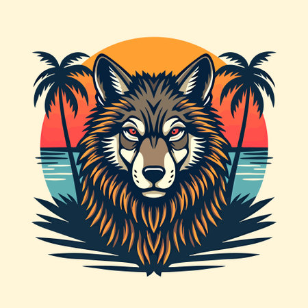 Wolf head on the background of palm trees and sunset. Vector illustration.のイラスト素材