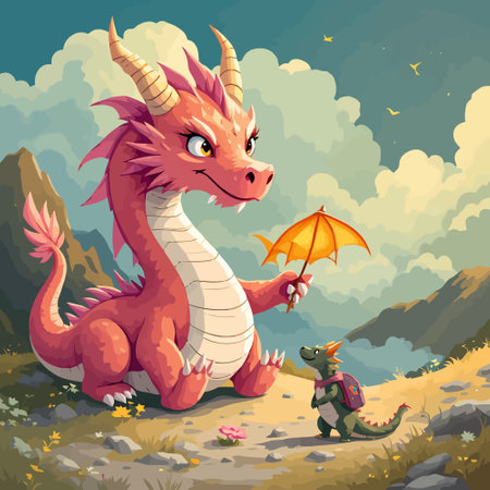 Funny red dragon with umbrella in the mountains. Vector illustration.のイラスト素材