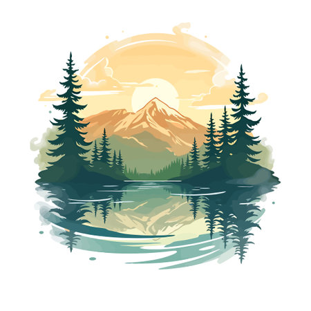 Mountains and lake with coniferous trees. Vector illustration.のイラスト素材