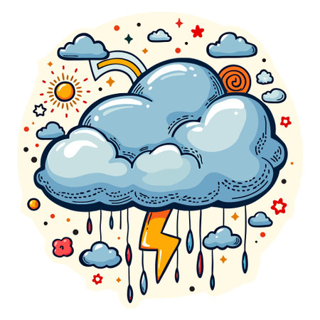 Cloud with lightning and rain. Vector illustration in doodle style.のイラスト素材