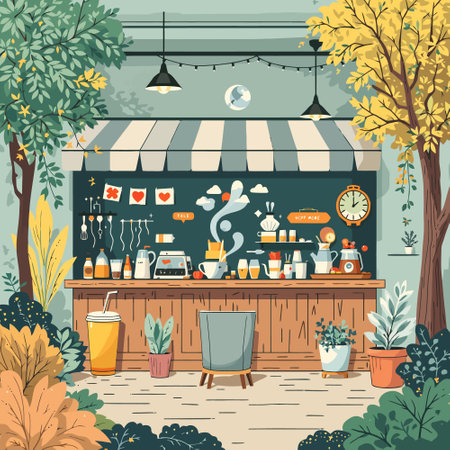 Coffee shop in autumn season. Vector flat style illustration.のイラスト素材
