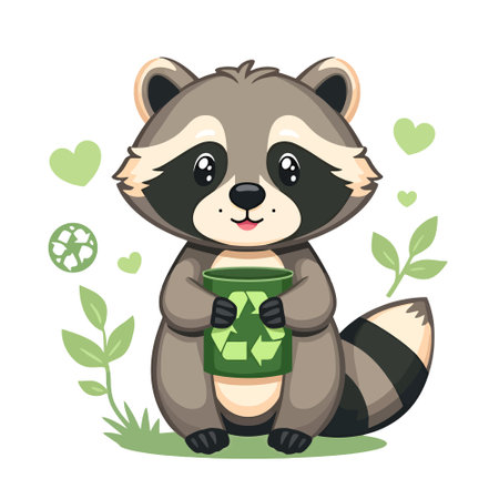 Cute raccoon holding a cup of coffee. Vector illustration.のイラスト素材