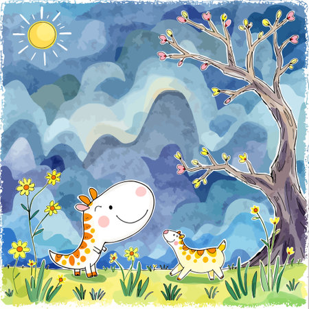 Illustration of Cute Cartoon Giraffe and Chihuahuaのイラスト素材