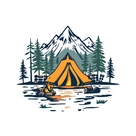 Camping in the mountains. Vector illustration of a camping tent on a lake.のイラスト素材
