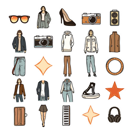 Fashion clothes and accessories icons set in doodle style.のイラスト素材