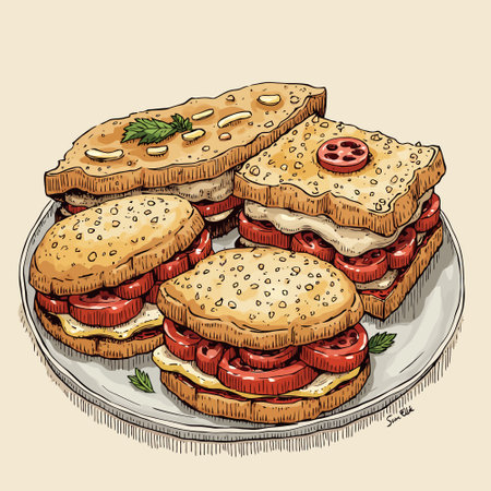 Sandwiches with tomato and cheese. Vector hand drawn illustration.のイラスト素材