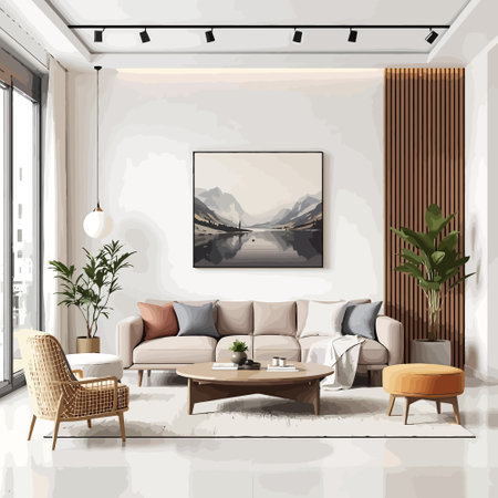Interior of modern living room with sofa, armchair, coffee table and picture on wall. 3d renderのイラスト素材