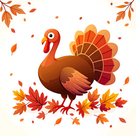 Happy Thanksgiving Day. Cartoon turkey with autumn leaves. Vector illustration.のイラスト素材