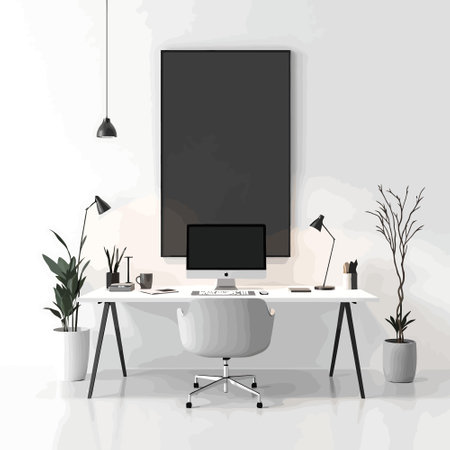 Modern office interior with furniture, computer, desk, chair, lamp and plants. Vector illustrationのイラスト素材