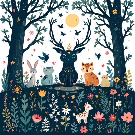 Vector illustration with wild animals in forest. Cute cartoon style.のイラスト素材