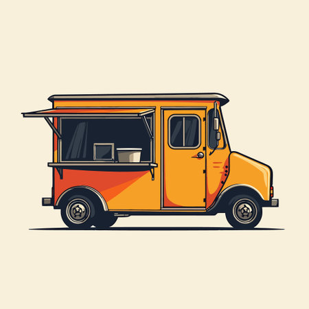 Vintage food truck, vector illustration in flat style. Food truck.のイラスト素材