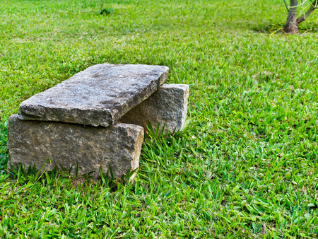 Stone bench on green grass in the park, vintage style, selective focusの写真素材