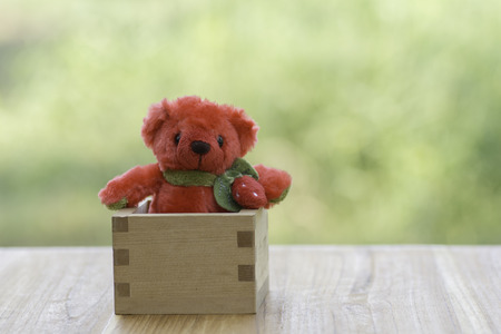 Red teddy bears in wooden box.の写真素材