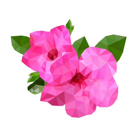 Low polygon pink flower with green leaf on white backgroundのイラスト素材