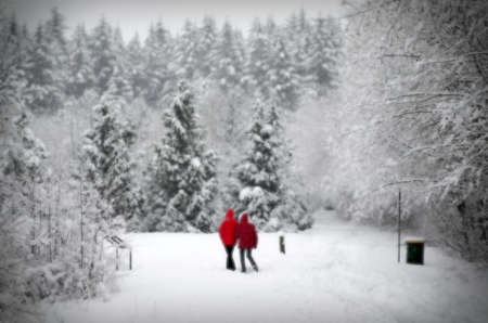 blurry defocused image of couple in park in snow dayの写真素材
