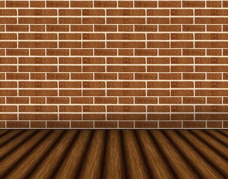 brown brick wall and wooden floor interior backgroundの写真素材