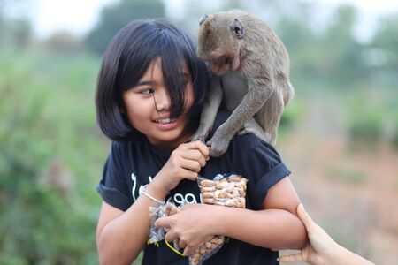 Monkey trying to get food from the girl, in Thailandの写真素材