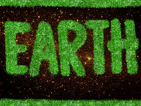 gold glitter and green grass texture background with word EARTH
