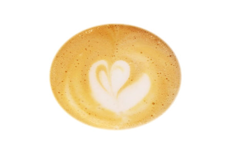 Close-up of coffee foam, heart or flower art isolated over a white backgroundの写真素材