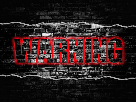 Warning sign on old black vintage brick wall backgroundの写真素材