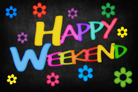 Happy Weekend word on Blackboardの写真素材
