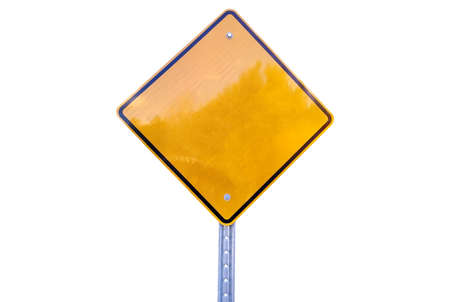 Blank yellow road sign isolated on white backgroundの写真素材