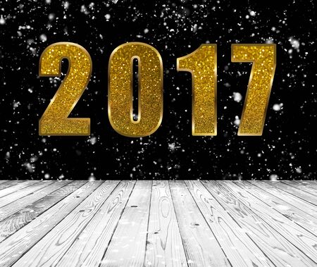 Wood table top on snowfall wall with word 2017 background, use for display of your products or contentの写真素材