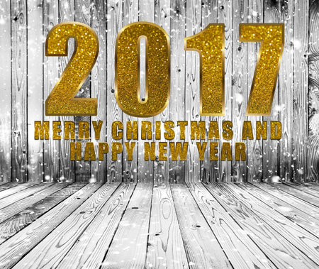 Wood table top on wood wall with words Merry Christmas and Happy new year 2017 background, use for...