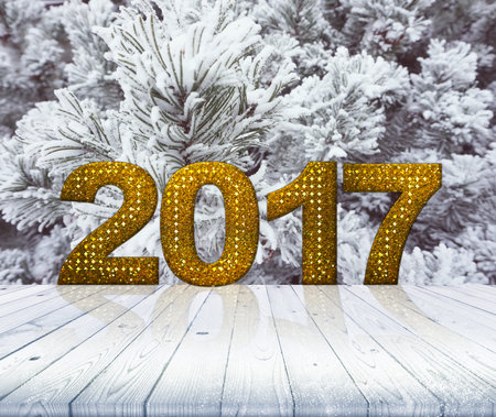 Wood table top on winter background, use for display of your products or content with word 2017
