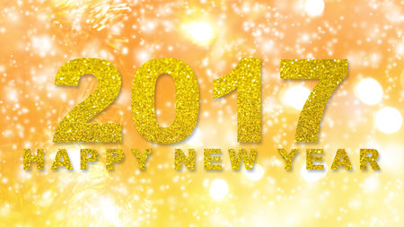 Abstract Christmas green lights fir tree bokeh background with gold glitter words 2017 Happy New...